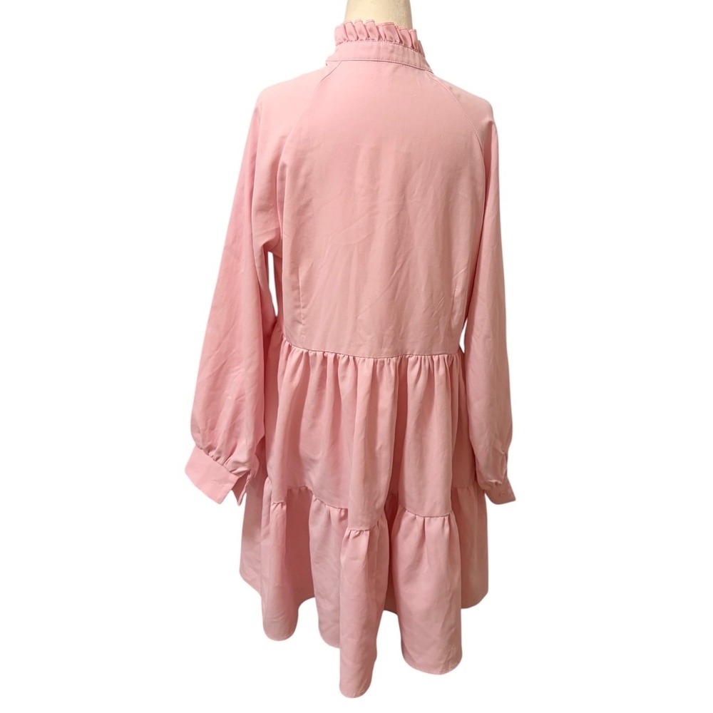 Pink Tiered Babydoll Mini Dress Size Medium Cottagecore Ruffle Neck Long Sleeve - Picture 7 of 8